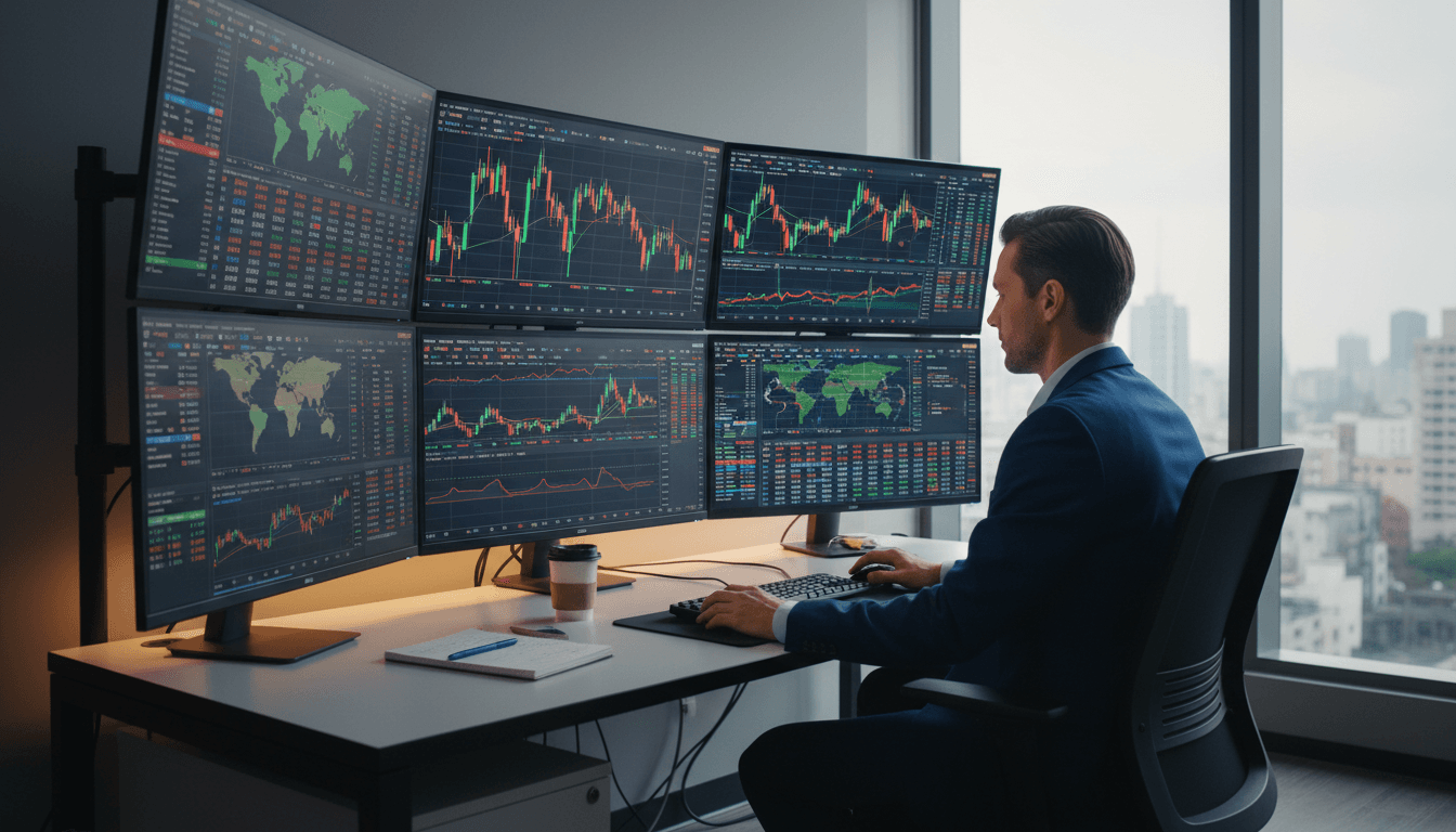Professional trader monitoring financial markets on multiple screens