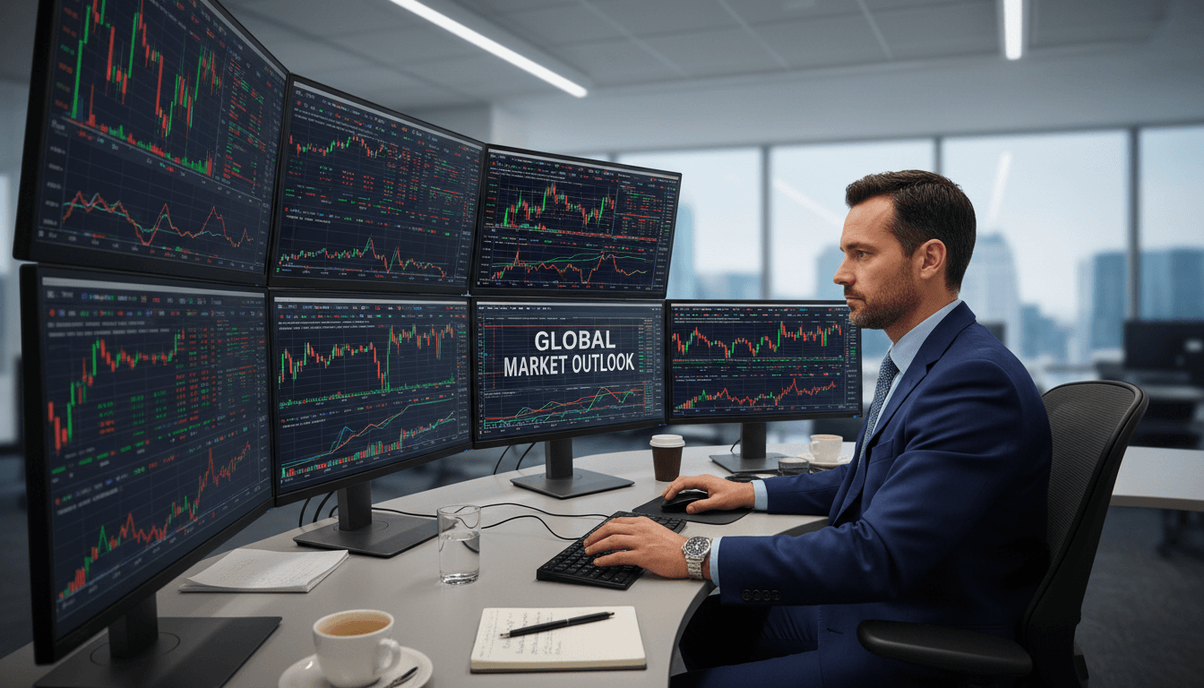 Professional trader monitoring financial markets on multiple screens with real-time data charts